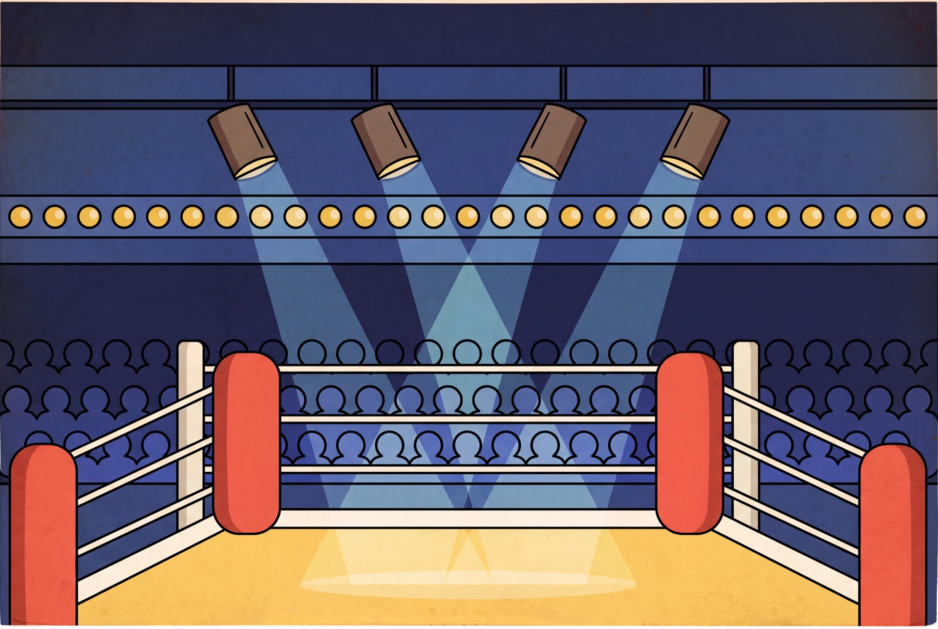 El ring de combate iluminado, con el público alrededor